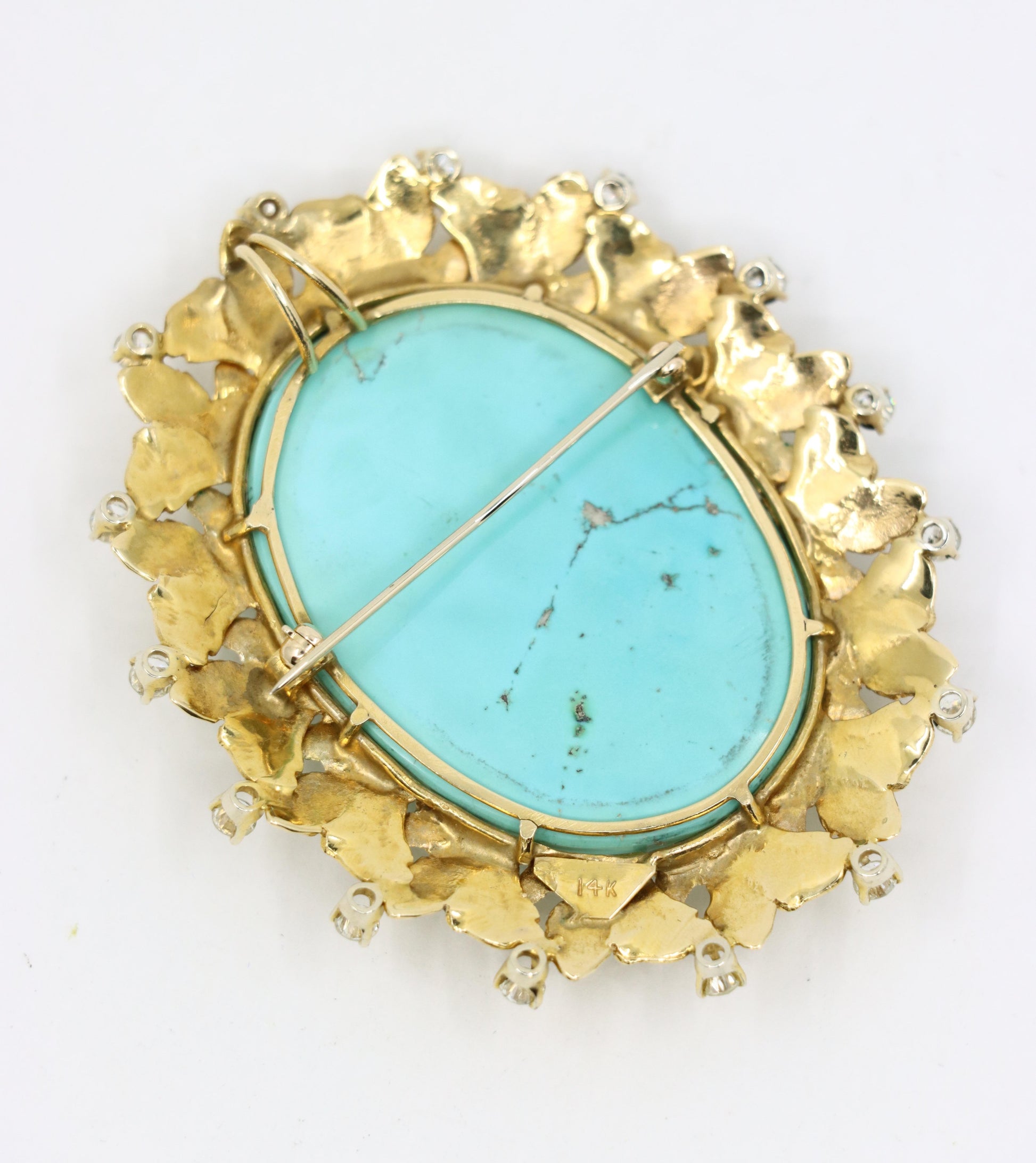 Vintage 14K Gold Diamond Turquoise Cameo Large Brooch