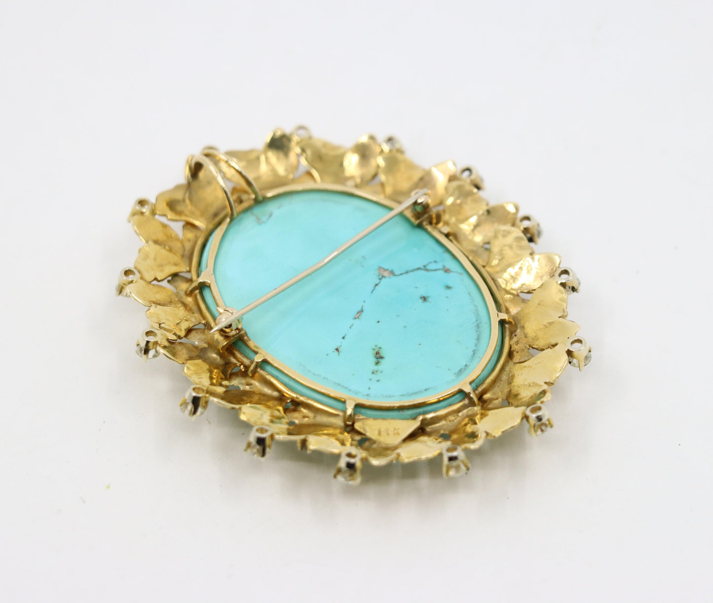 Vintage 14K Gold Diamond Turquoise Cameo Large Brooch