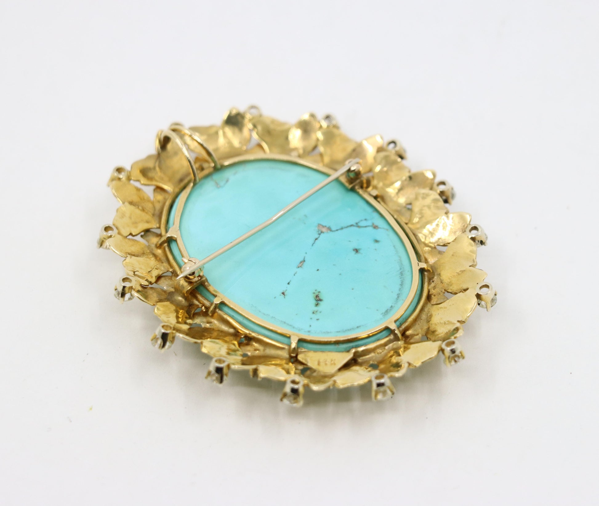 Vintage 14K Gold Diamond Turquoise Cameo Large Brooch