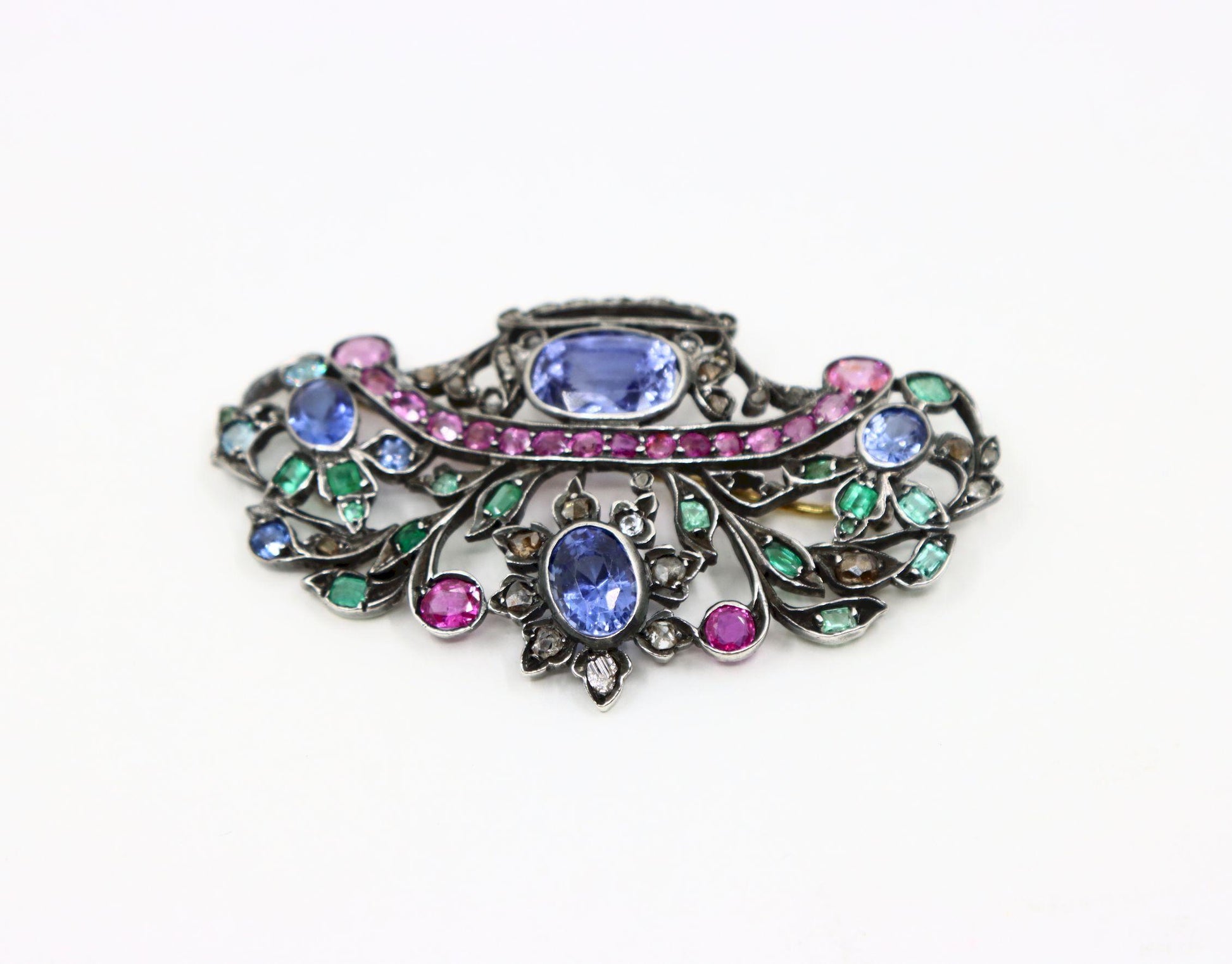 Antique Silver & Gold Multi-Gemstone Brooch