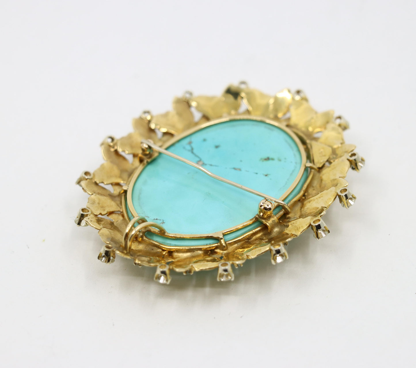 Vintage 14K Gold Diamond Turquoise Cameo Large Brooch