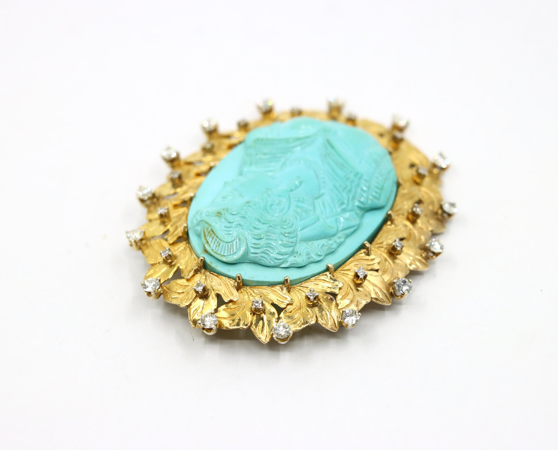 Vintage 14K Gold Diamond Turquoise Cameo Large Brooch