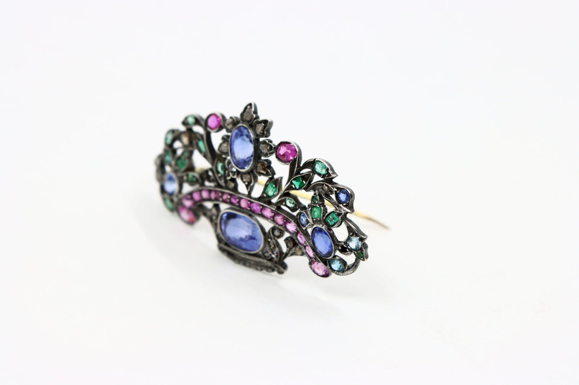 Antique Silver & Gold Multi-Gemstone Brooch
