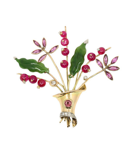 Vintage Retro 14K Gold Diamond Ruby Amethyst Jade Flower Brooch