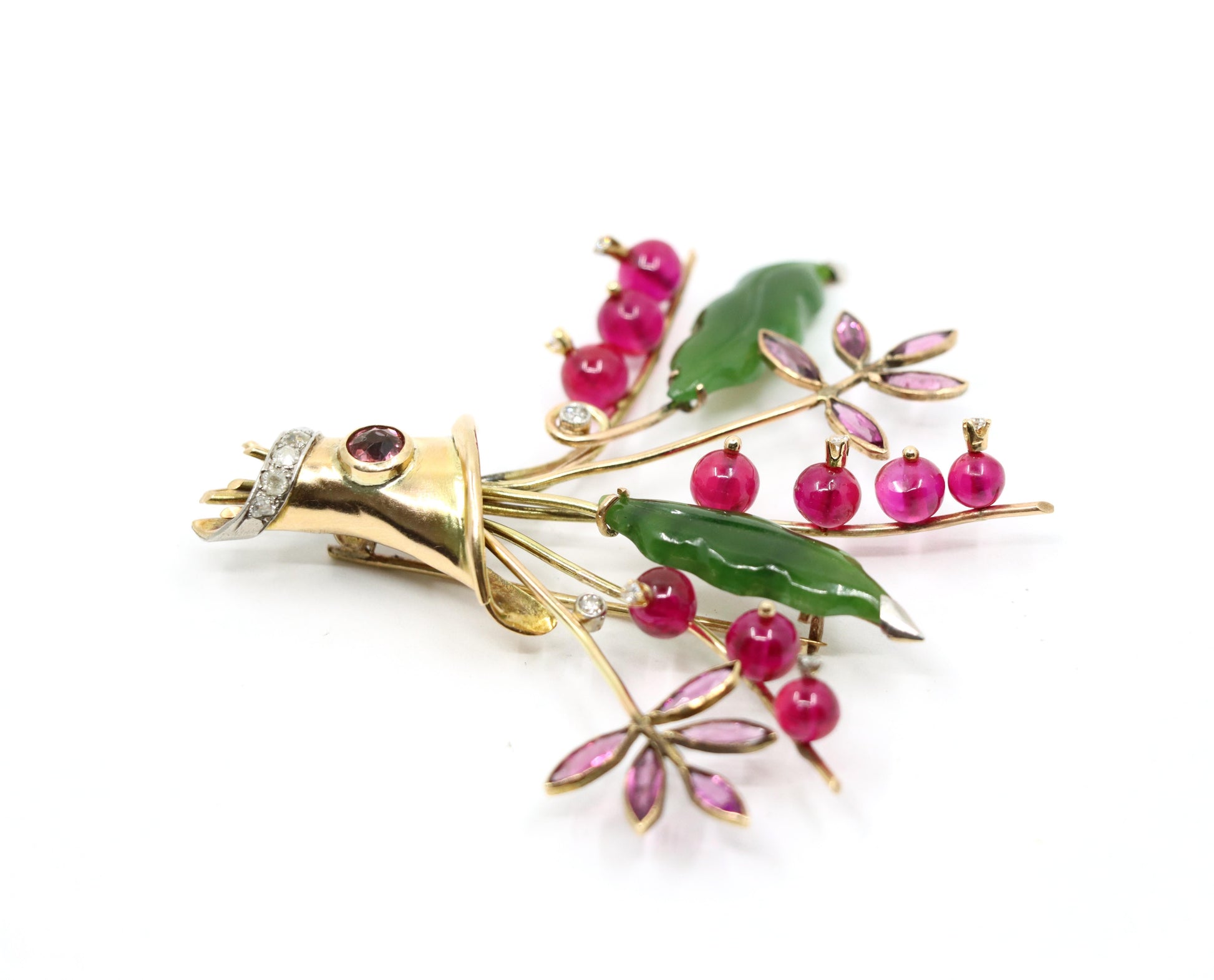 Vintage Retro 14K Gold Diamond Ruby Amethyst Jade Flower Brooch