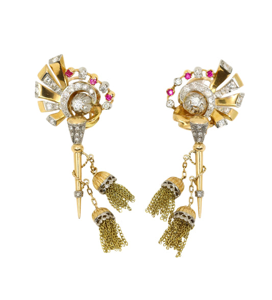 Vintage Retro 14K Gold Diamond Ruby Swirl Tassel Earrings