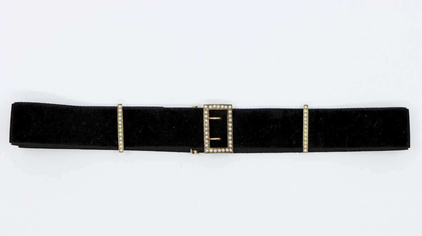 Victorian 14K Gold Seed Pearl Buckles Black Velvet Choker