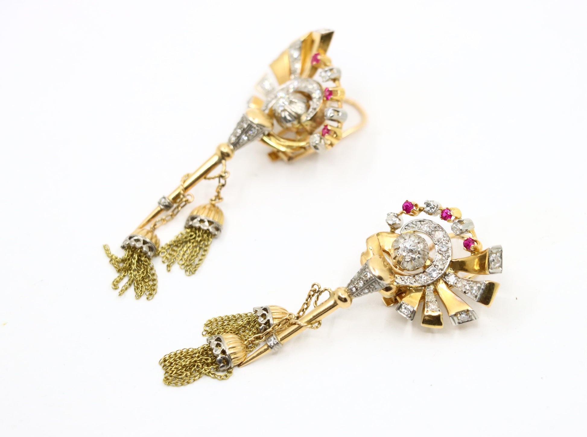 Vintage Retro 14K Gold Diamond Ruby Swirl Tassel Earrings