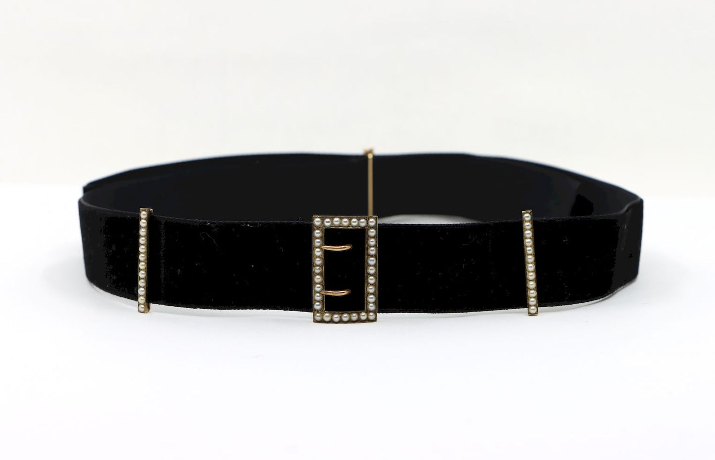 Victorian 14K Gold Seed Pearl Buckles Black Velvet Choker