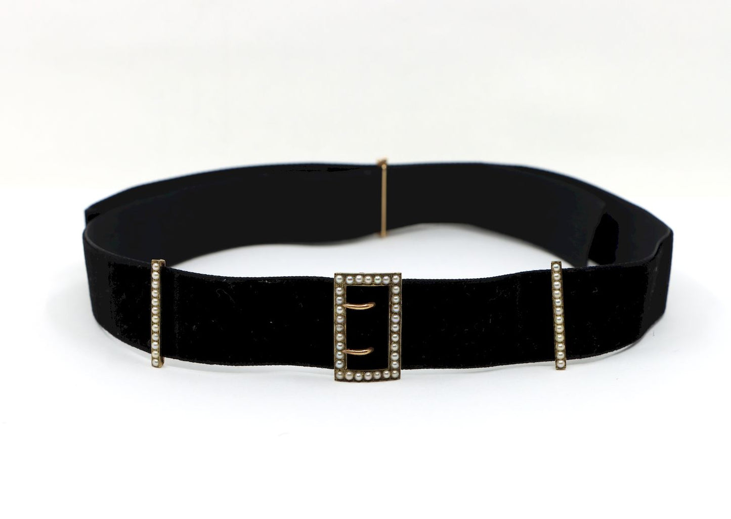 Victorian 14K Gold Seed Pearl Buckles Black Velvet Choker