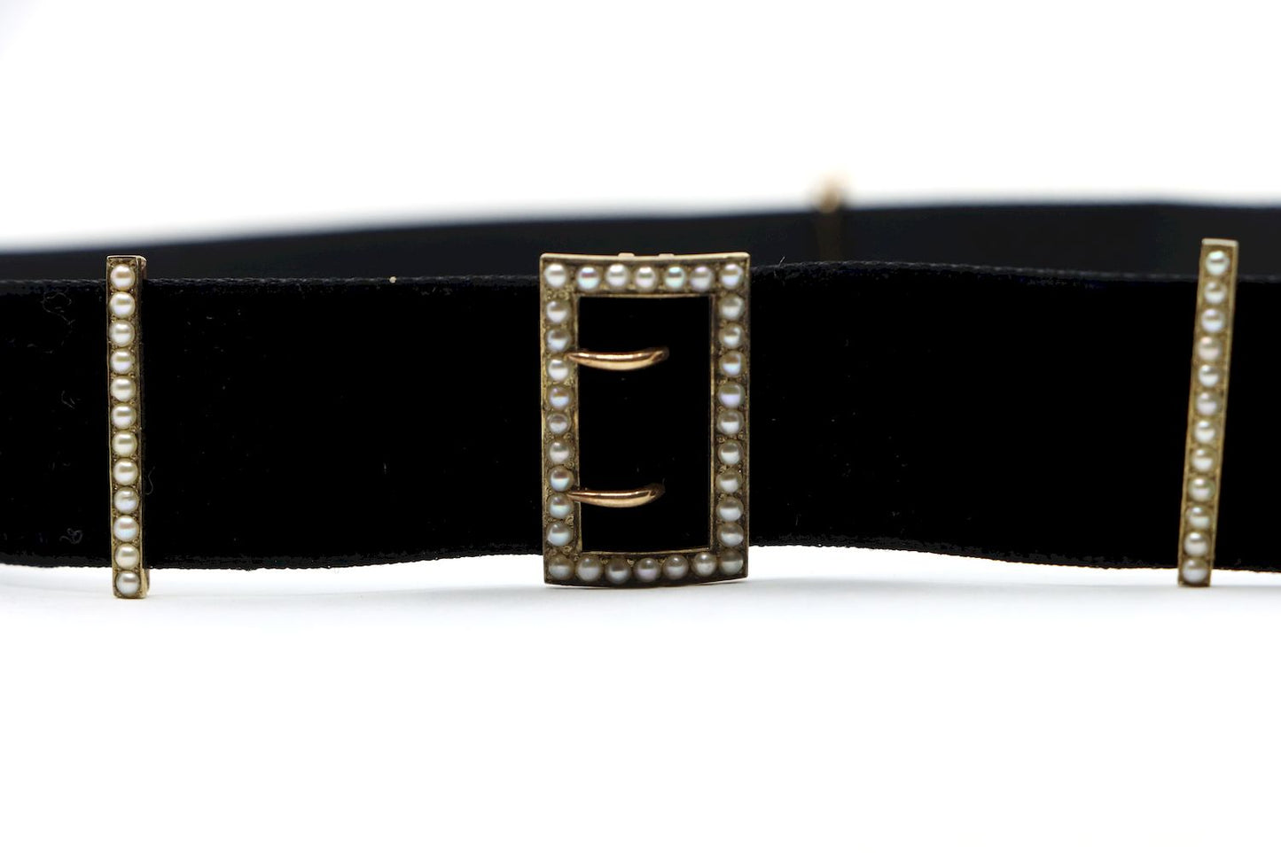 Victorian 14K Gold Seed Pearl Buckles Black Velvet Choker