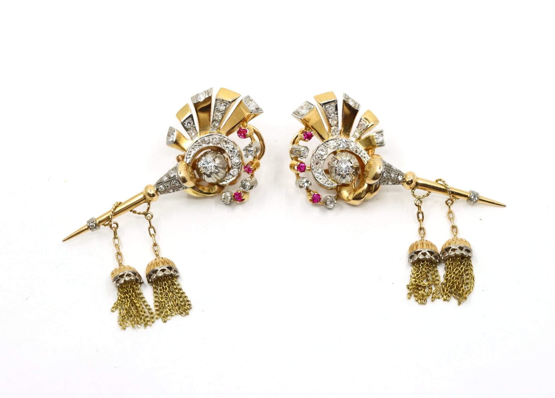 Vintage Retro 14K Gold Diamond Ruby Swirl Tassel Earrings