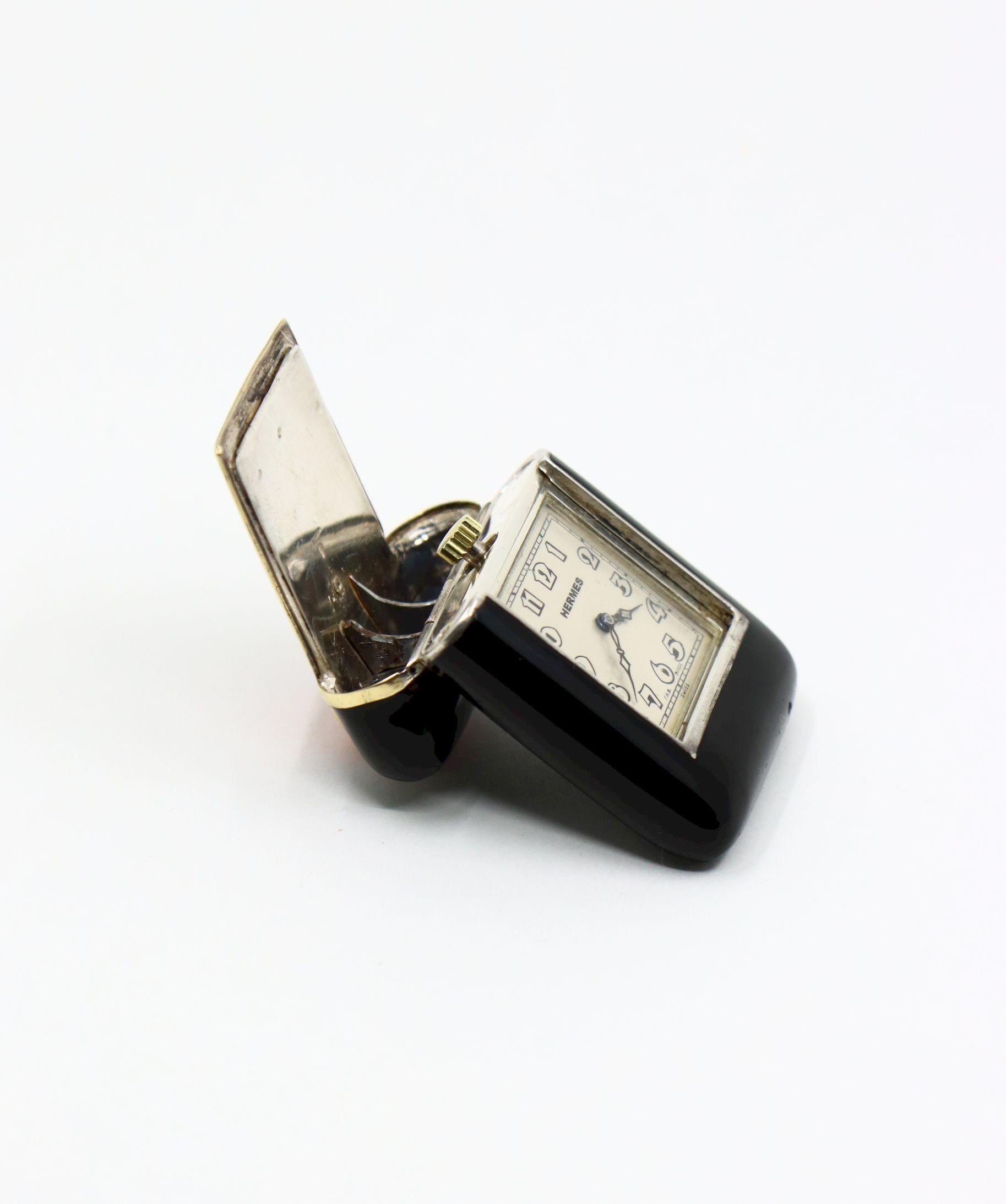 Vintage Hermes Gold & Silver Black Enamel Coral Pocket Clock