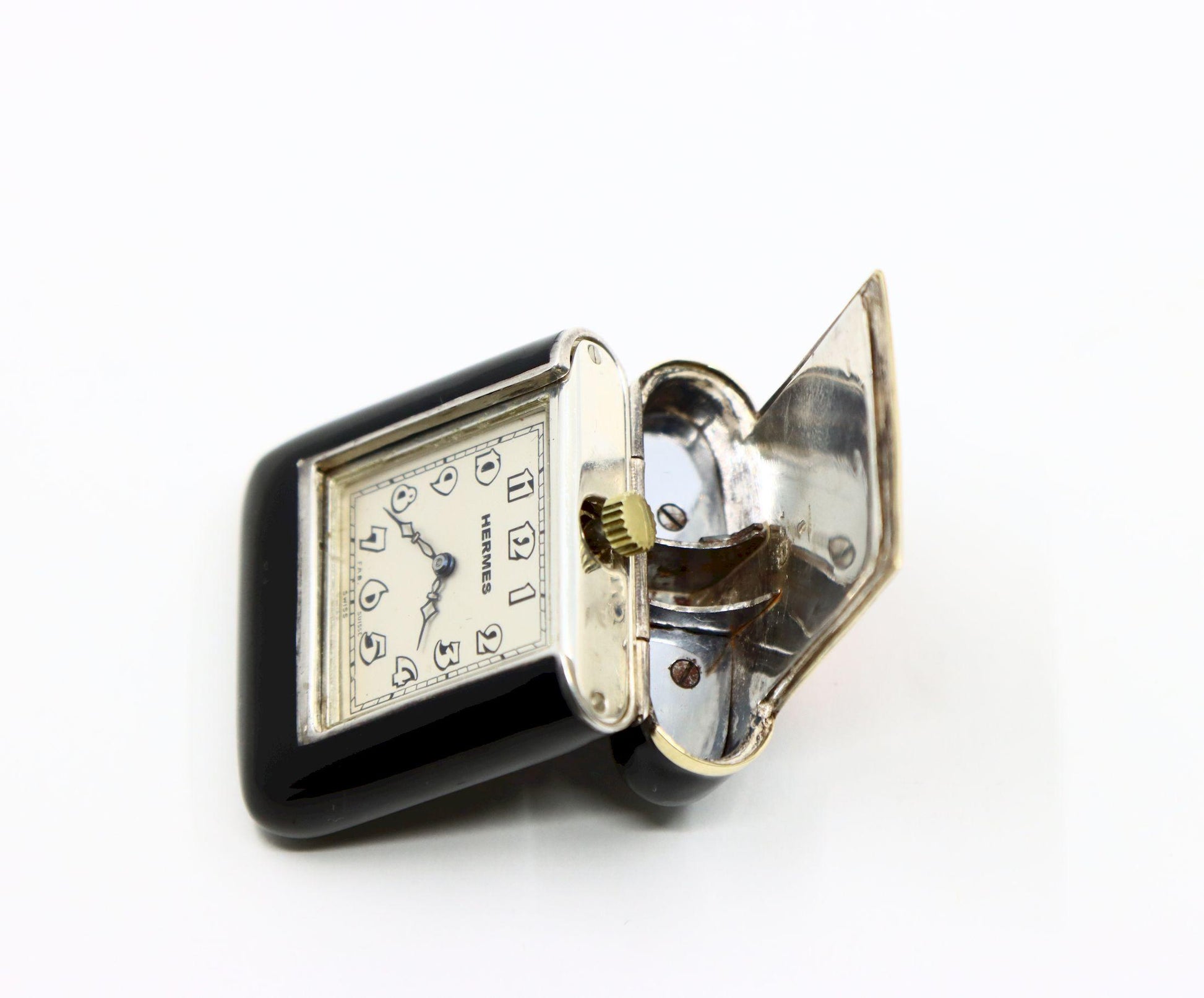 Vintage Hermes Gold & Silver Black Enamel Coral Pocket Clock