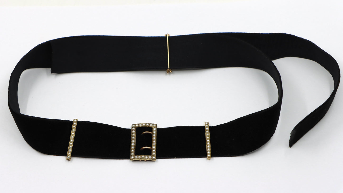 Victorian 14K Gold Seed Pearl Buckles Black Velvet Choker