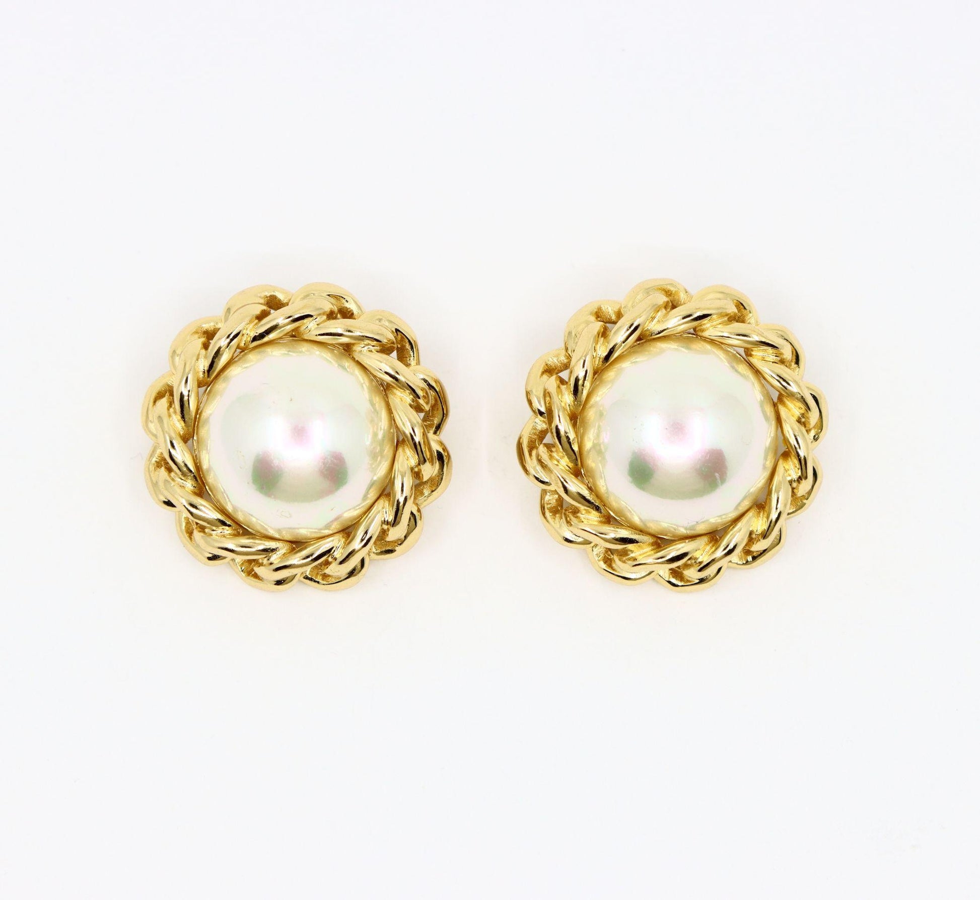 Vintage Christian Dior Gold Tone Round Dome Faux Pearl Earring