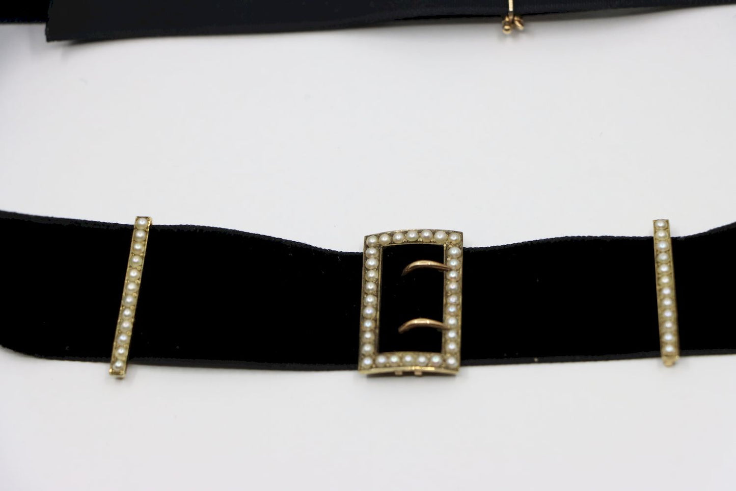 Victorian 14K Gold Seed Pearl Buckles Black Velvet Choker