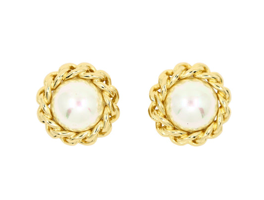 Vintage Christian Dior Gold Tone Round Dome Faux Pearl Earring