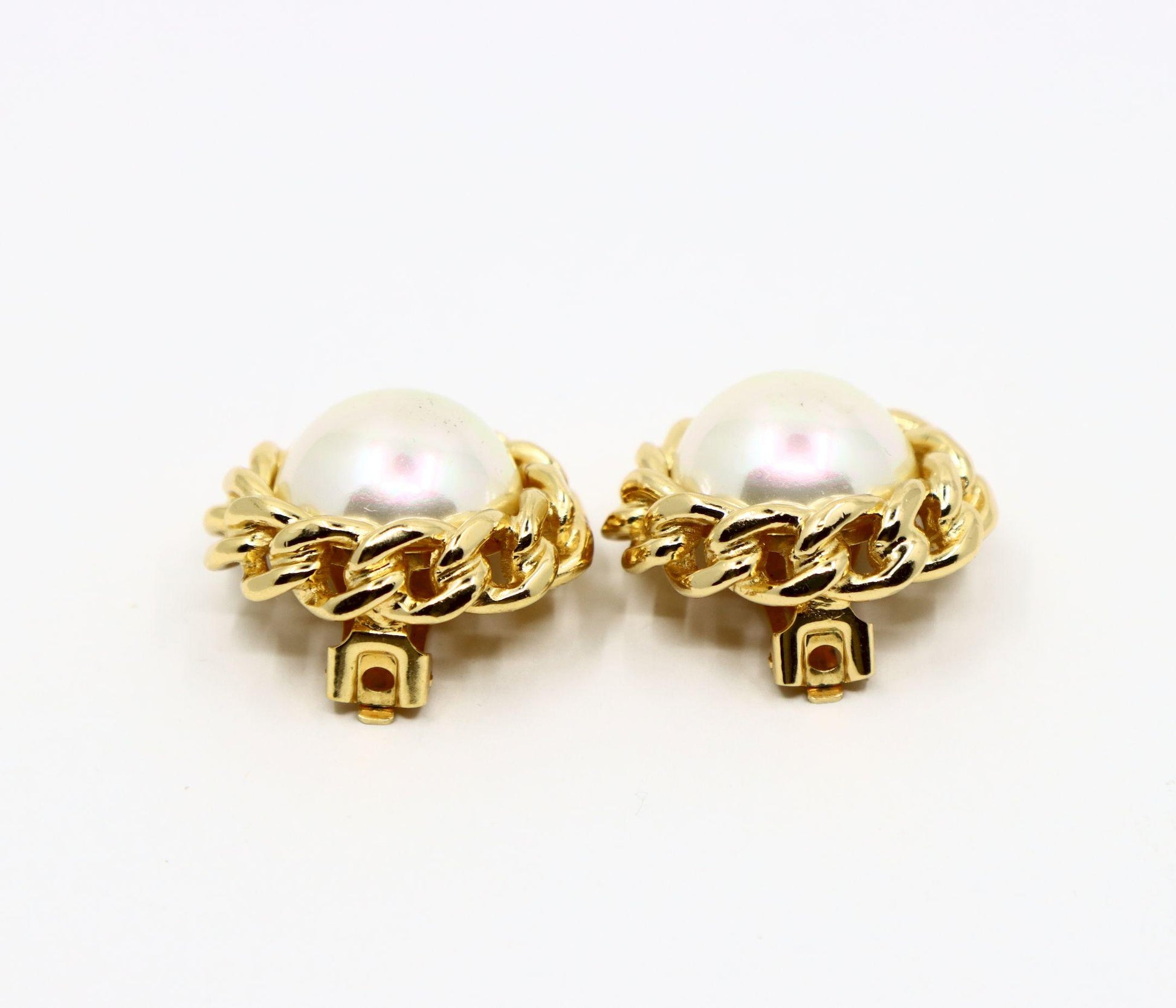 Vintage Christian Dior Gold Tone Round Dome Faux Pearl Earring