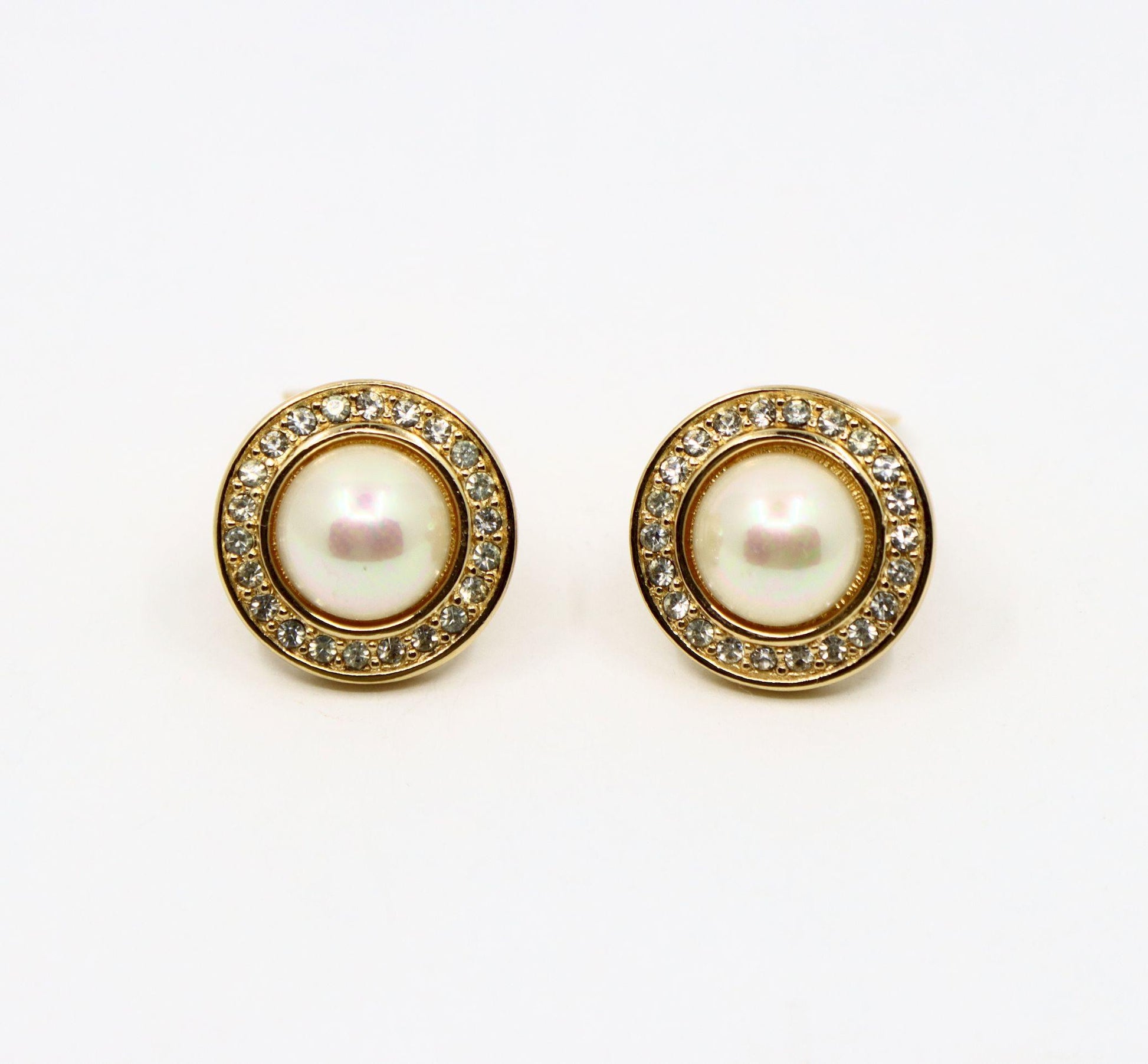 Vintage Christian Dior Gold Tone Rhinestone Round Dome Faux Pearl Earring