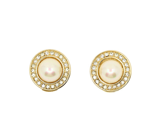 Vintage Christian Dior Gold Tone Rhinestone Round Dome Faux Pearl Earring