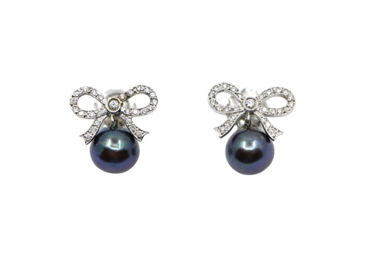 18K White Gold Diamond Bow Tie Black Pearl Earrings