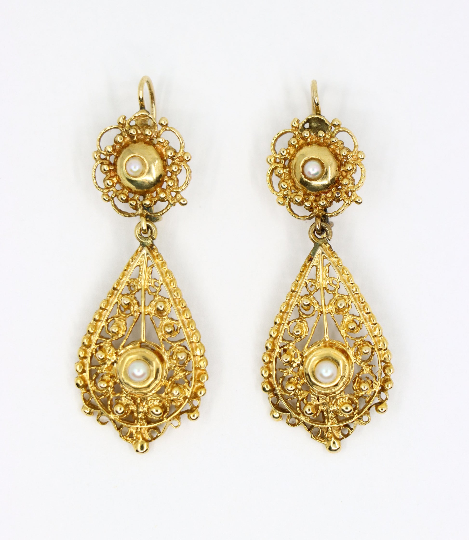 Victorian Revival 14K Gold Seed Pearl Drop Earrings