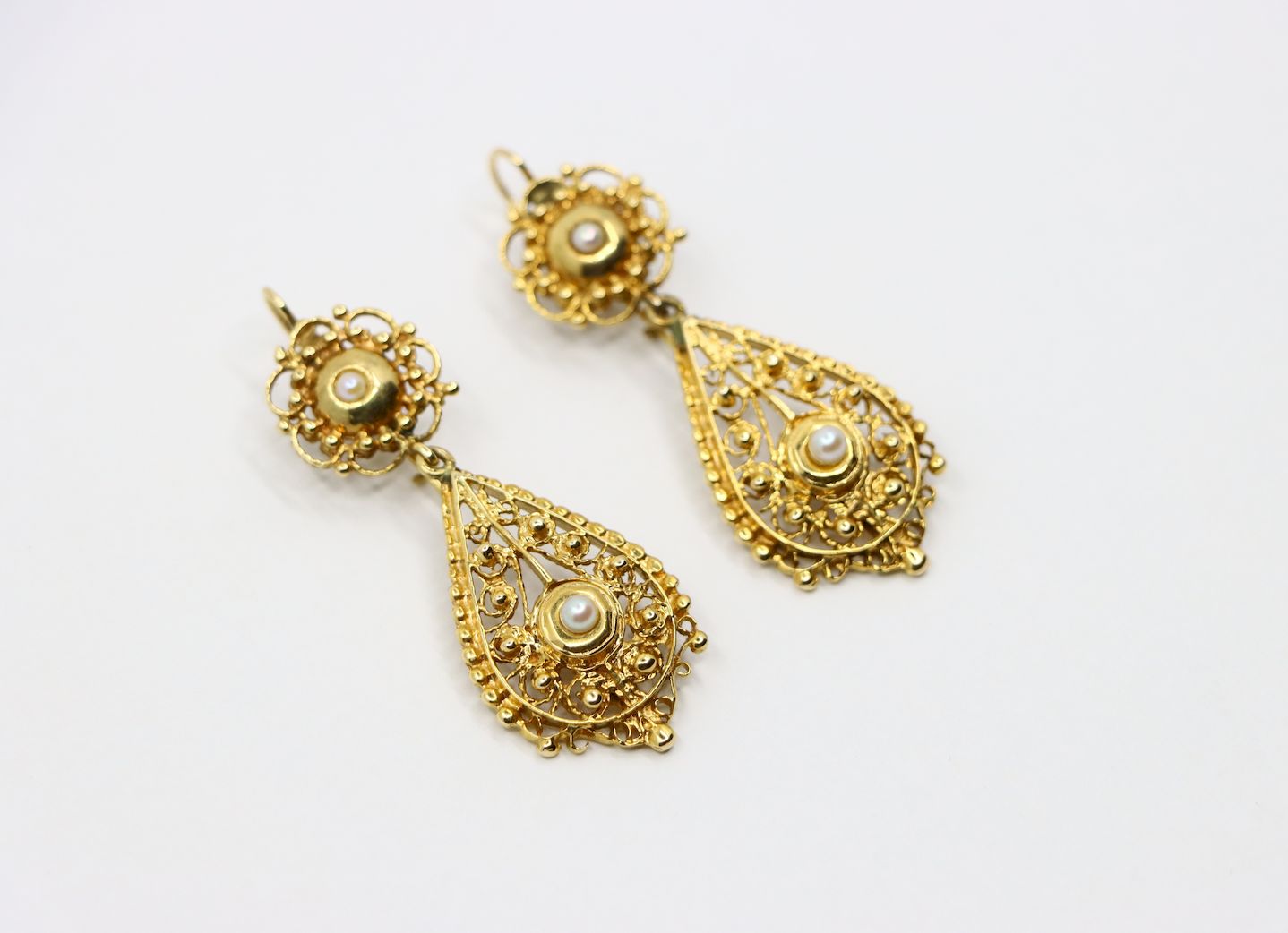 Victorian Revival 14K Gold Seed Pearl Drop Earrings