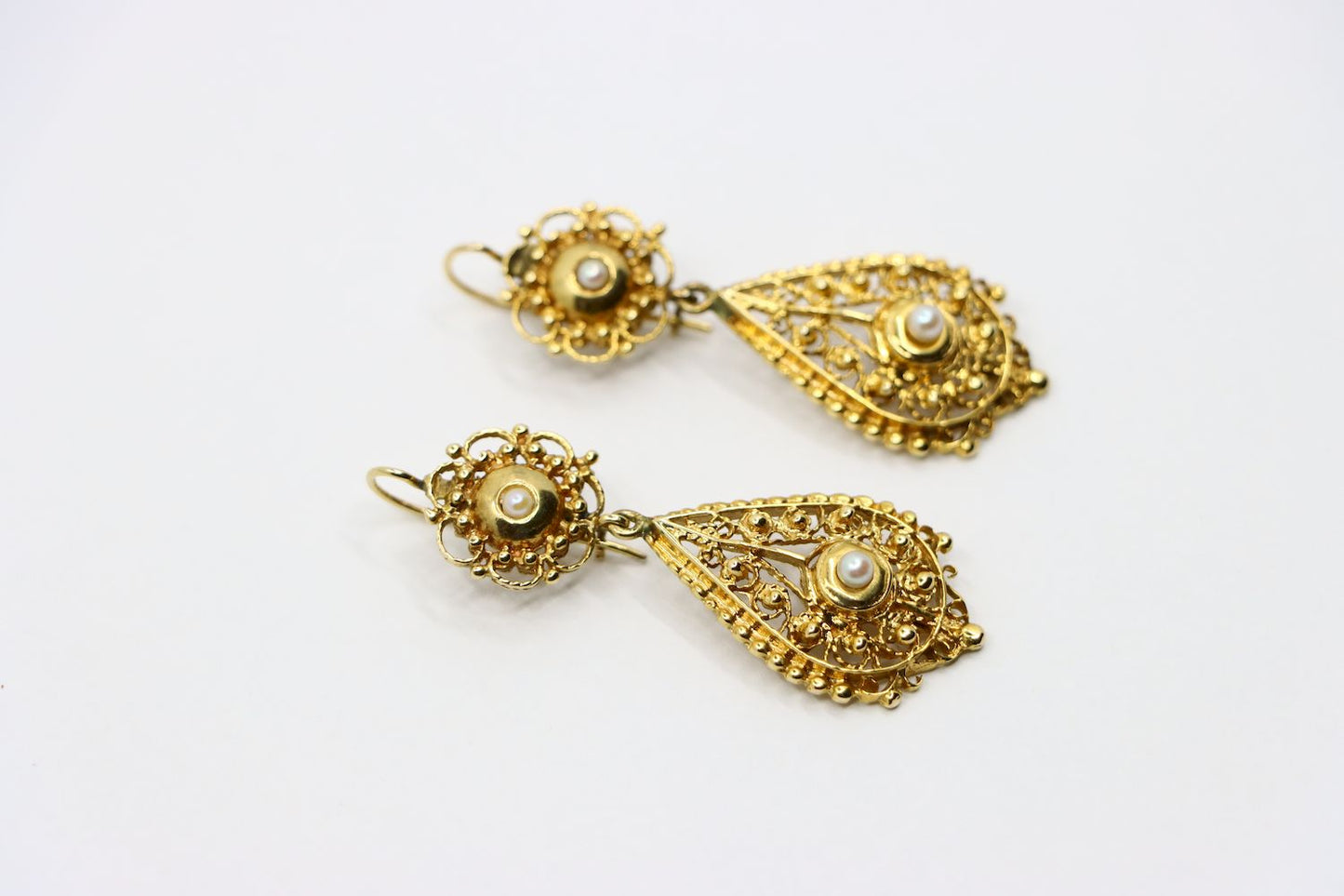 Victorian Revival 14K Gold Seed Pearl Drop Earrings