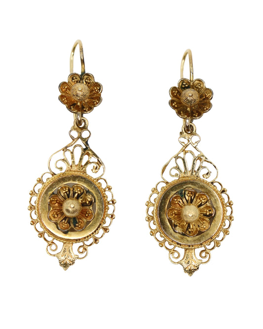 Victorian Revival 14K Gold Flower Drop Earrings