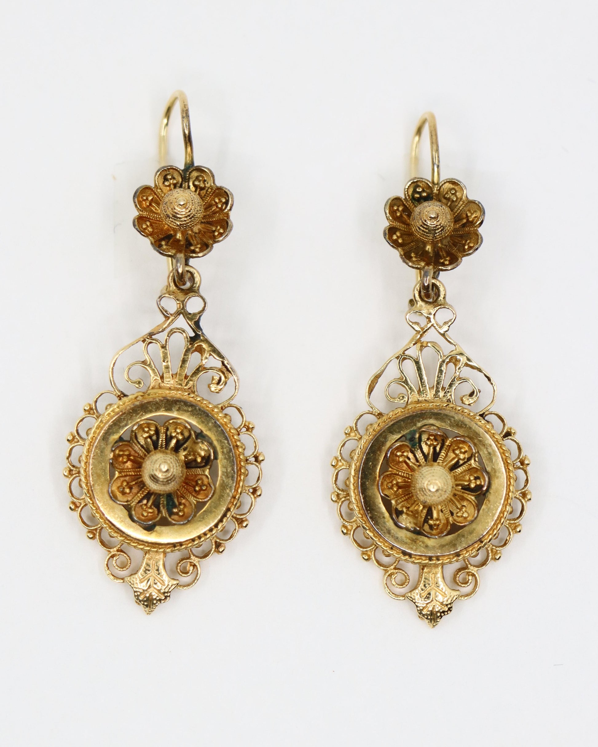 Victorian Revival 14K Gold Flower Drop Earrings