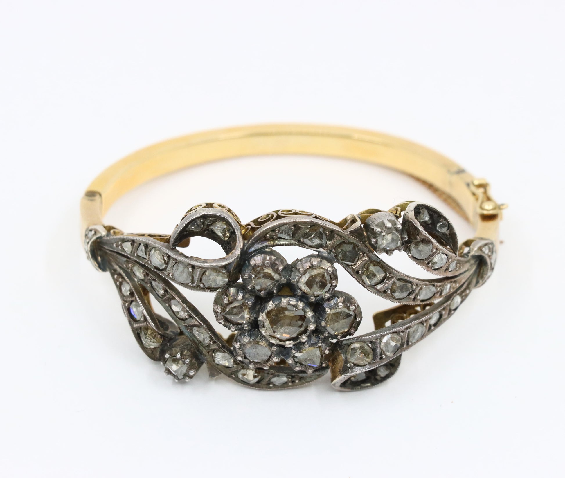 Antique 14K Gold & Silver Rose Cut Diamond Bracelet
