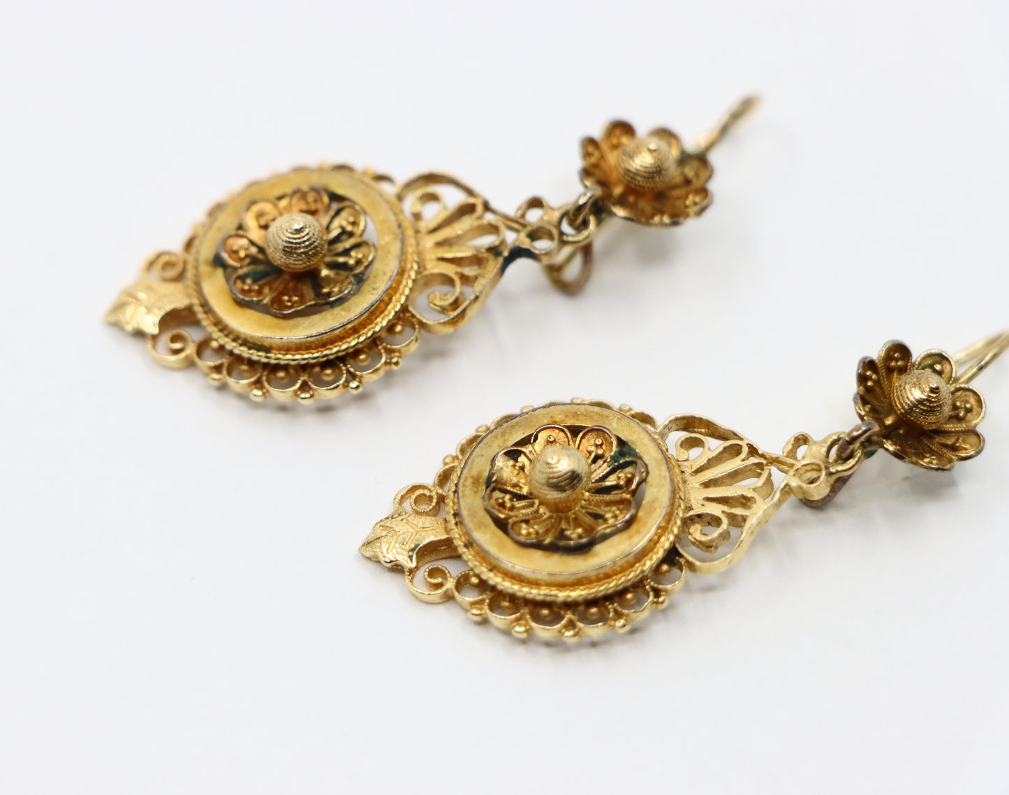 Victorian Revival 14K Gold Flower Drop Earrings