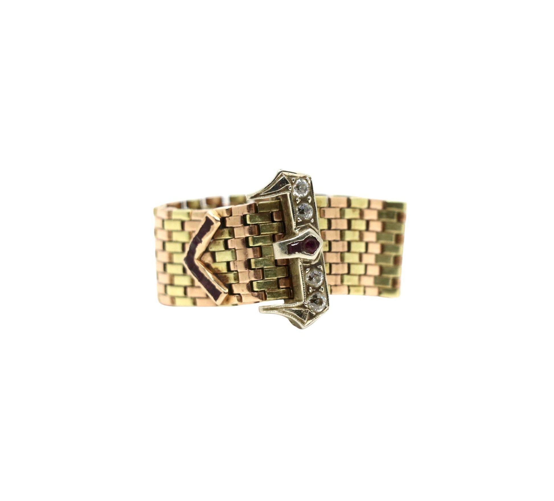 Retro 14K Tri-Tone Gold Diamond Ruby Buckle Ring