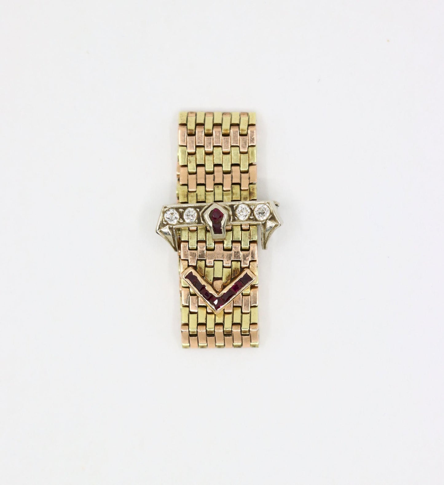 Retro 14K Tri-Tone Gold Diamond Ruby Buckle Ring