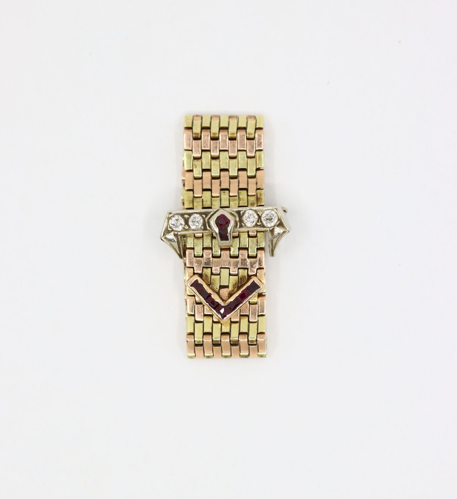 Retro 14K Tri-Tone Gold Diamond Ruby Buckle Ring