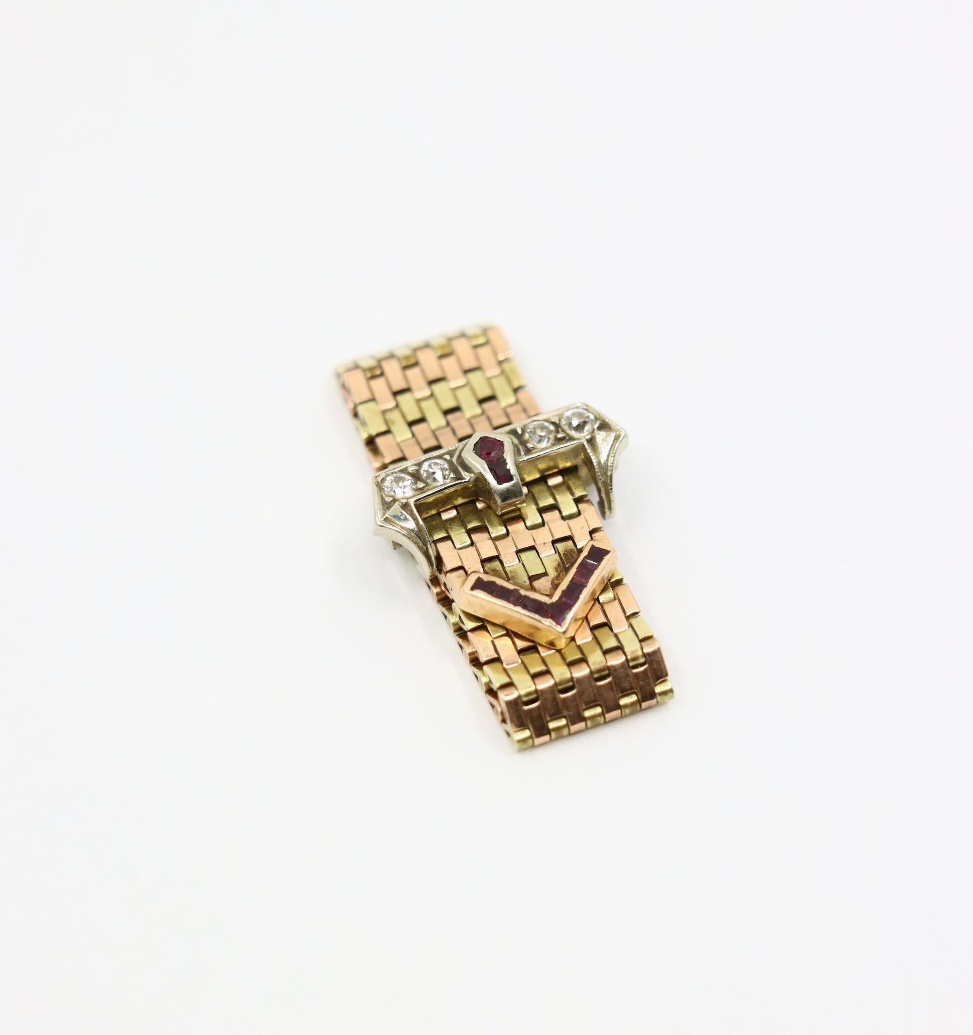 Retro 14K Tri-Tone Gold Diamond Ruby Buckle Ring