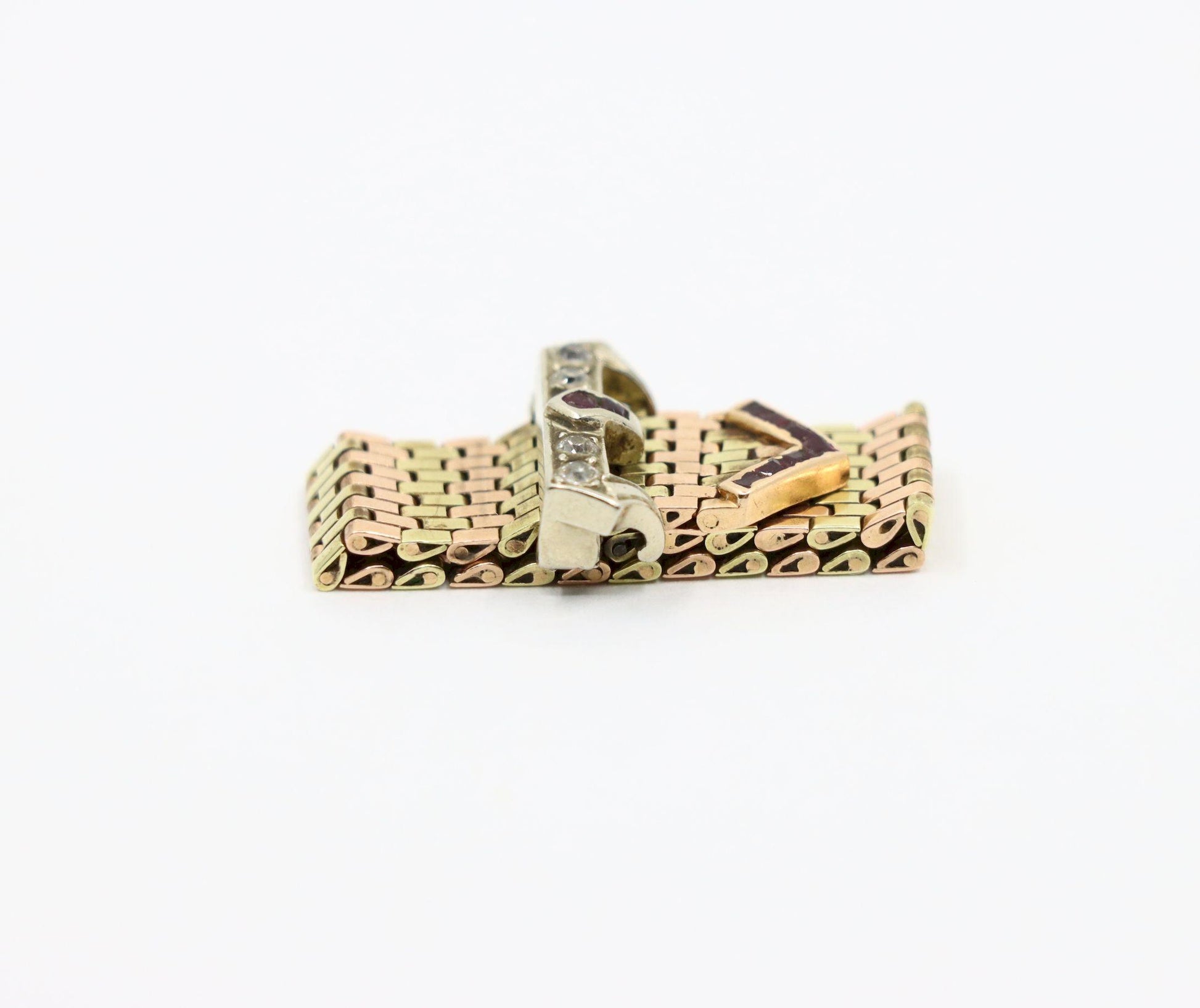 Retro 14K Tri-Tone Gold Diamond Ruby Buckle Ring