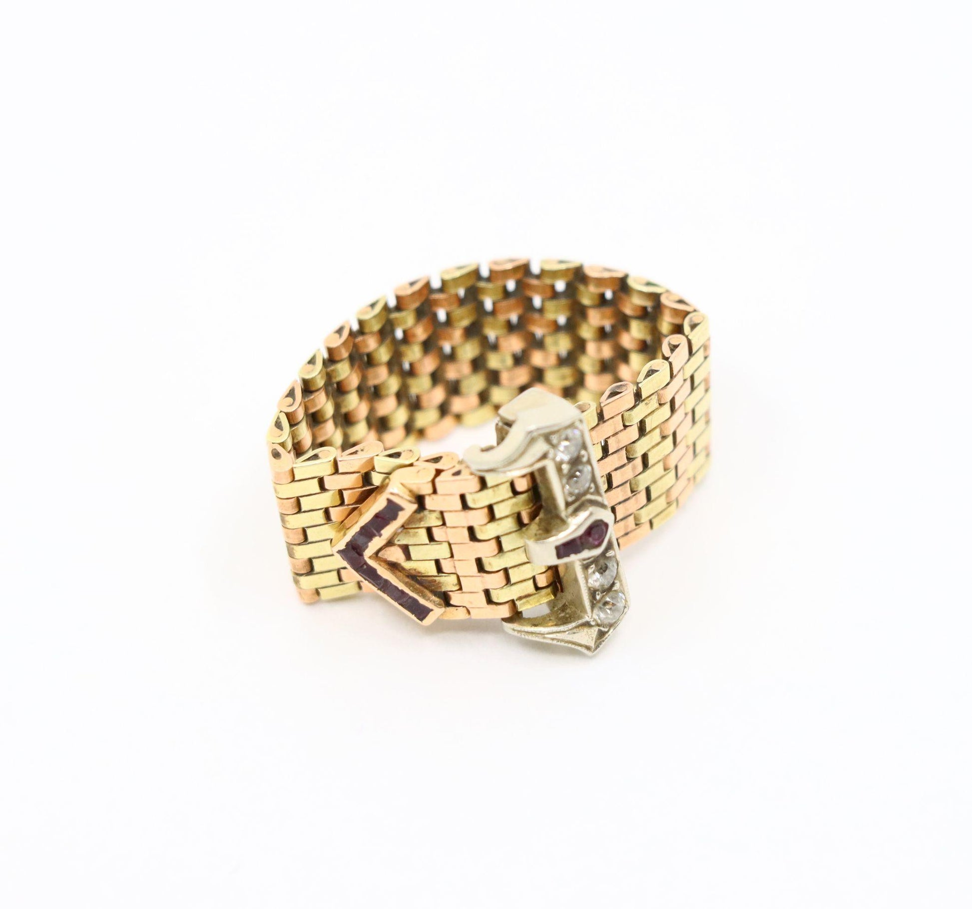 Retro 14K Tri-Tone Gold Diamond Ruby Buckle Ring