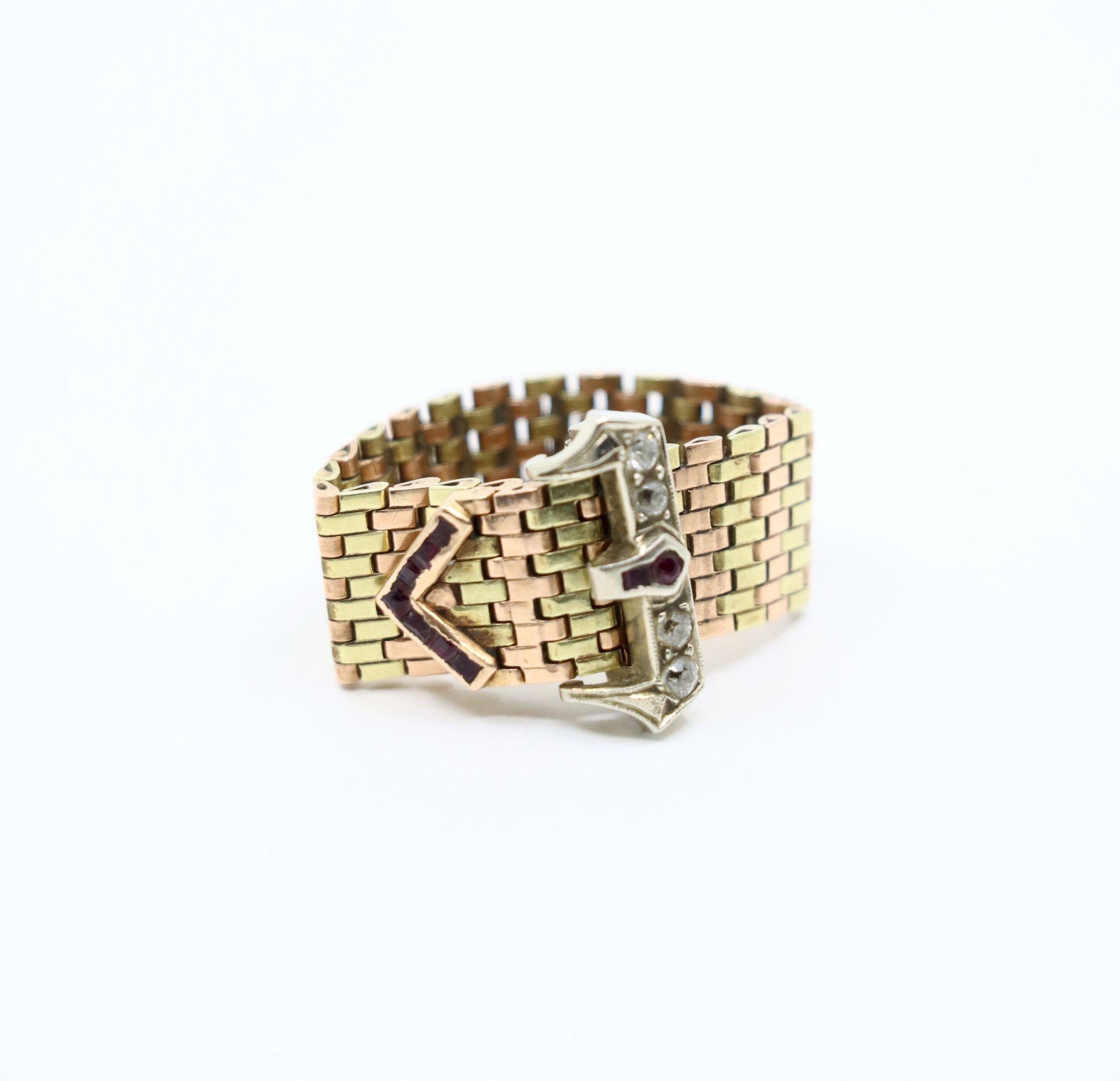 Retro 14K Tri-Tone Gold Diamond Ruby Buckle Ring