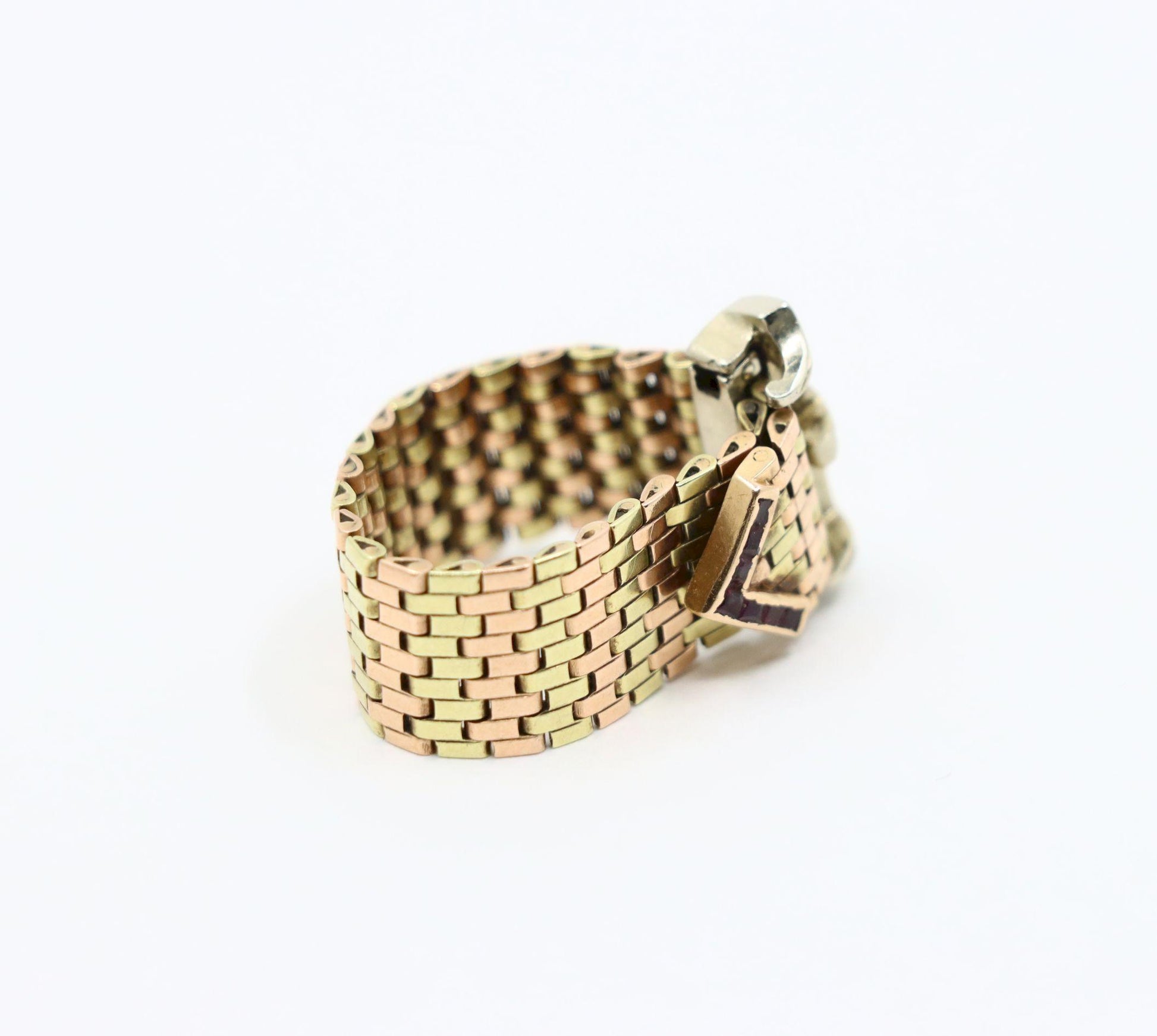 Retro 14K Tri-Tone Gold Diamond Ruby Buckle Ring