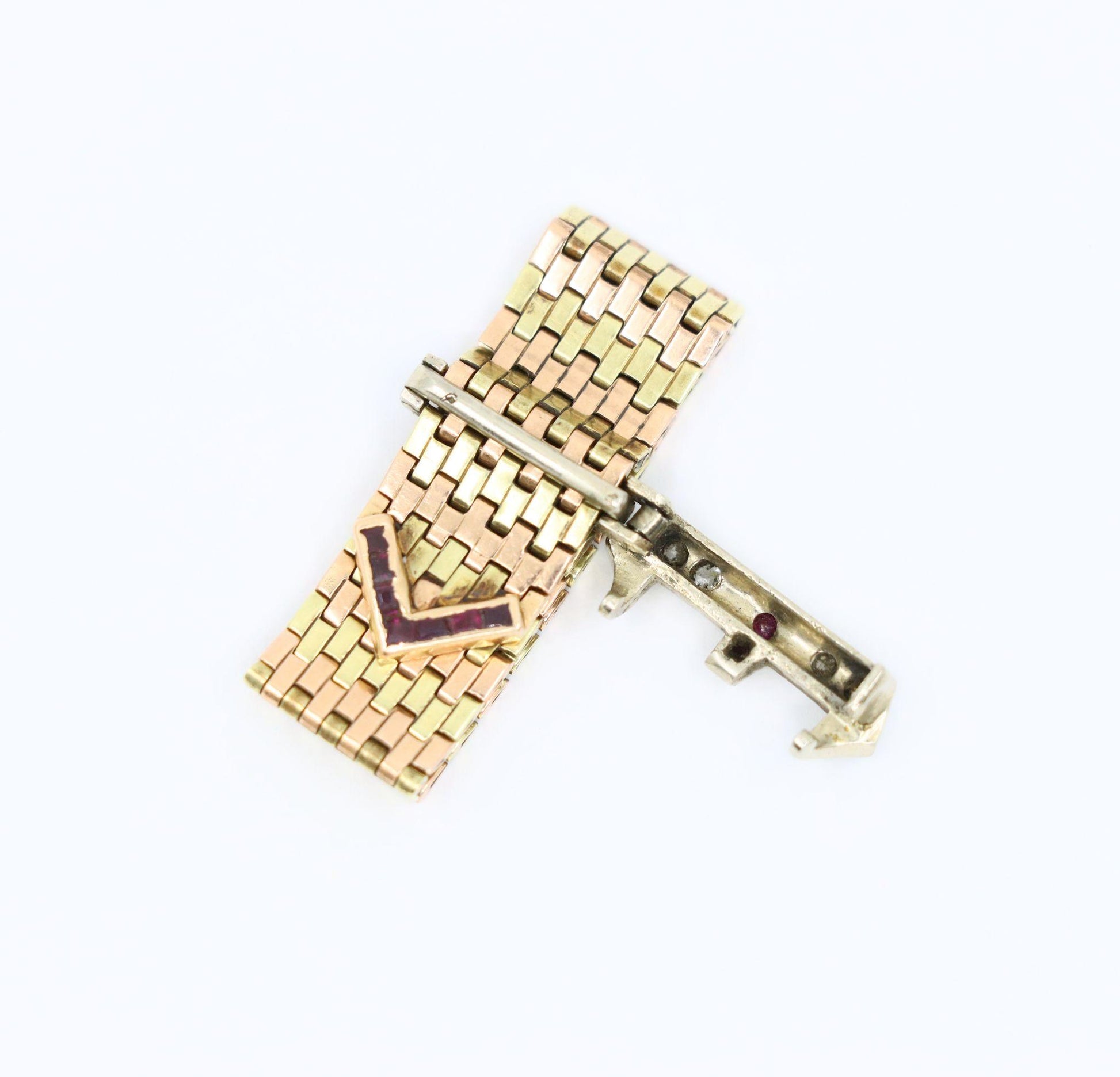 Retro 14K Tri-Tone Gold Diamond Ruby Buckle Ring