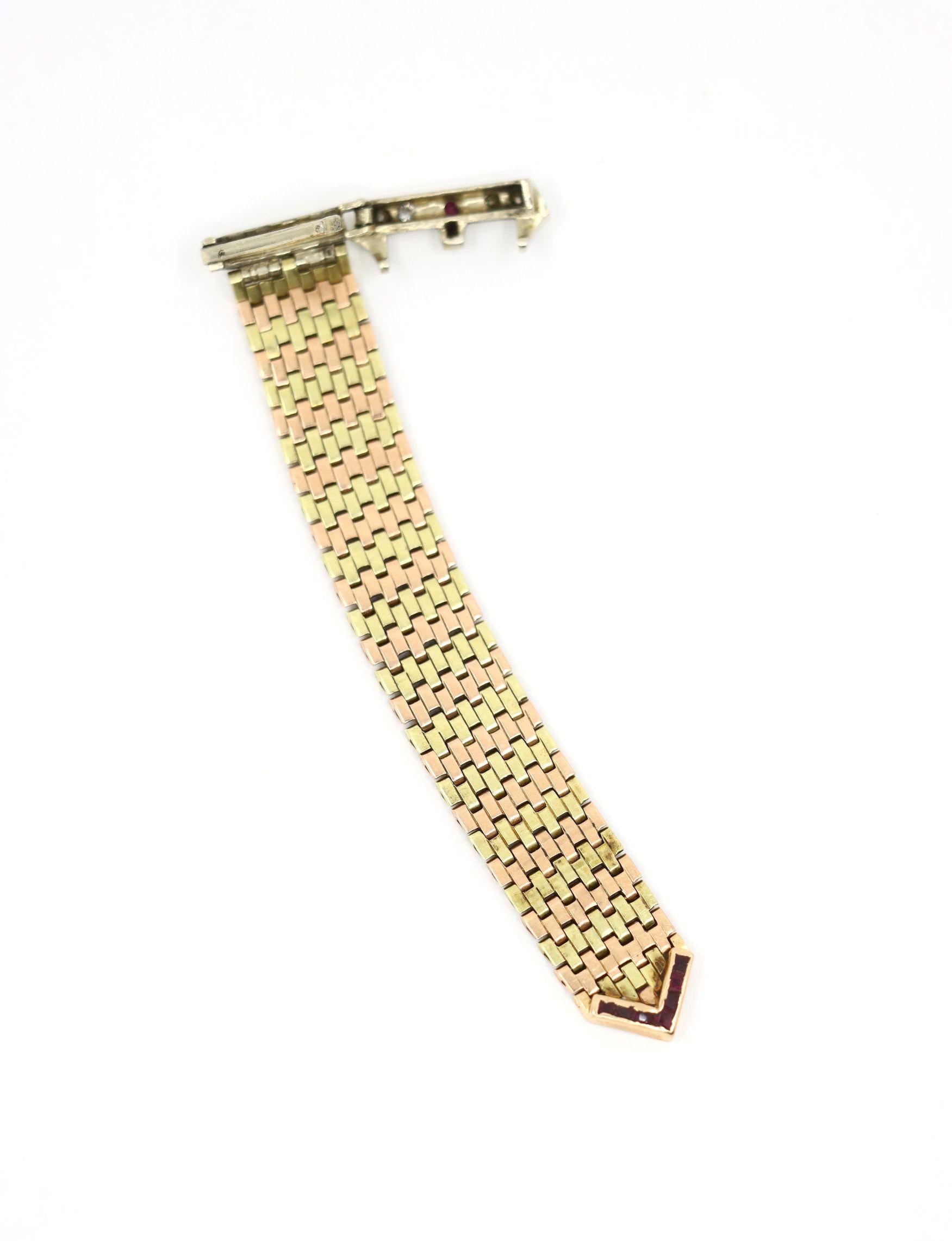 Retro 14K Tri-Tone Gold Diamond Ruby Buckle Ring