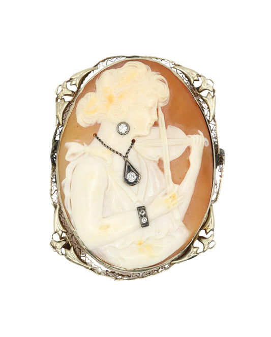 Antique 14K Gold Diamond Violinist Cameo Brooch