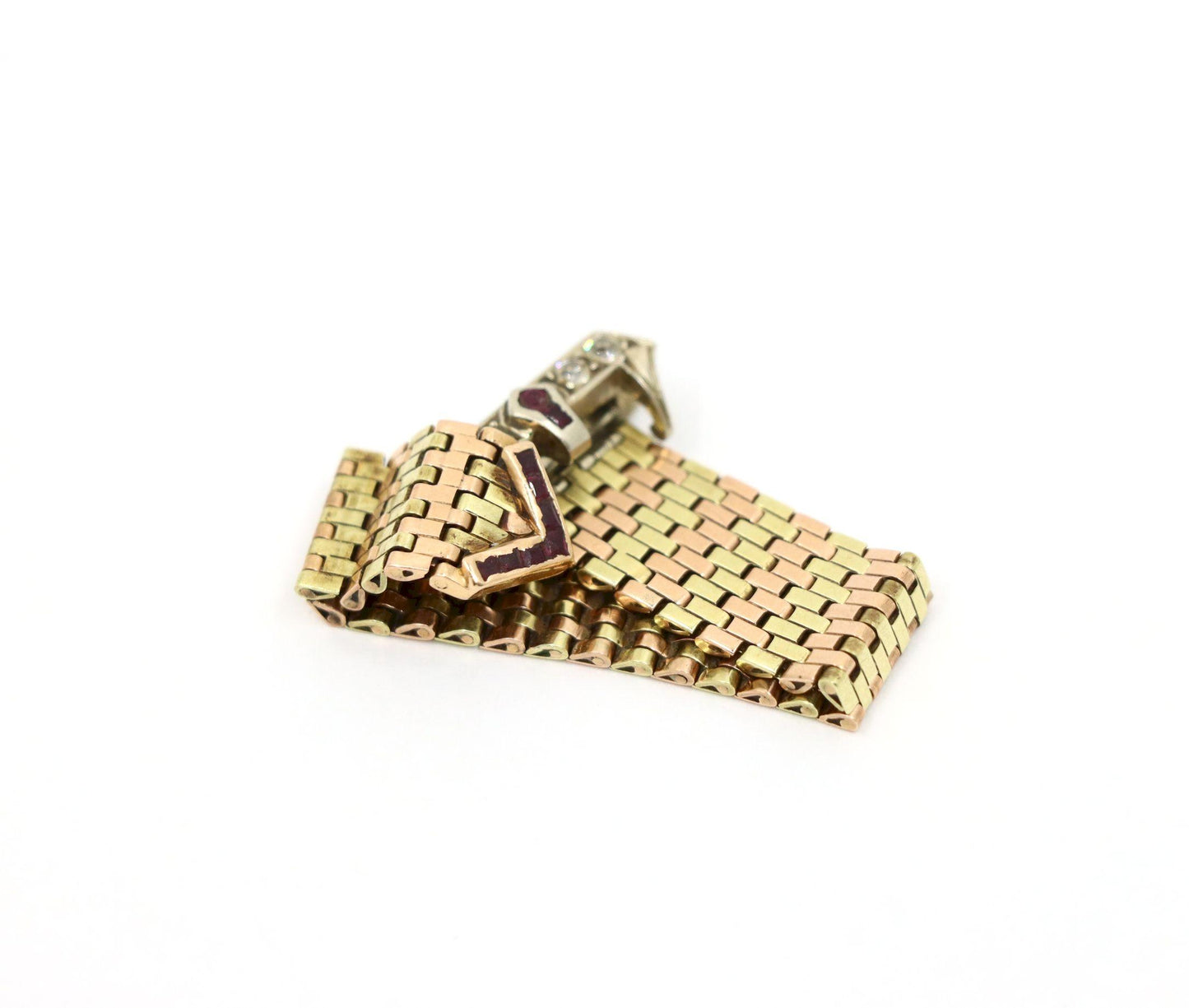 Retro 14K Tri-Tone Gold Diamond Ruby Buckle Ring