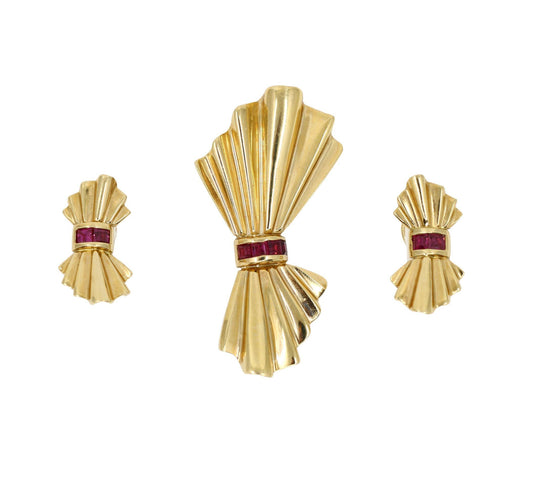 Tiffany & Co. 14K Gold Ruby Bow Clip Earrings & Brooch