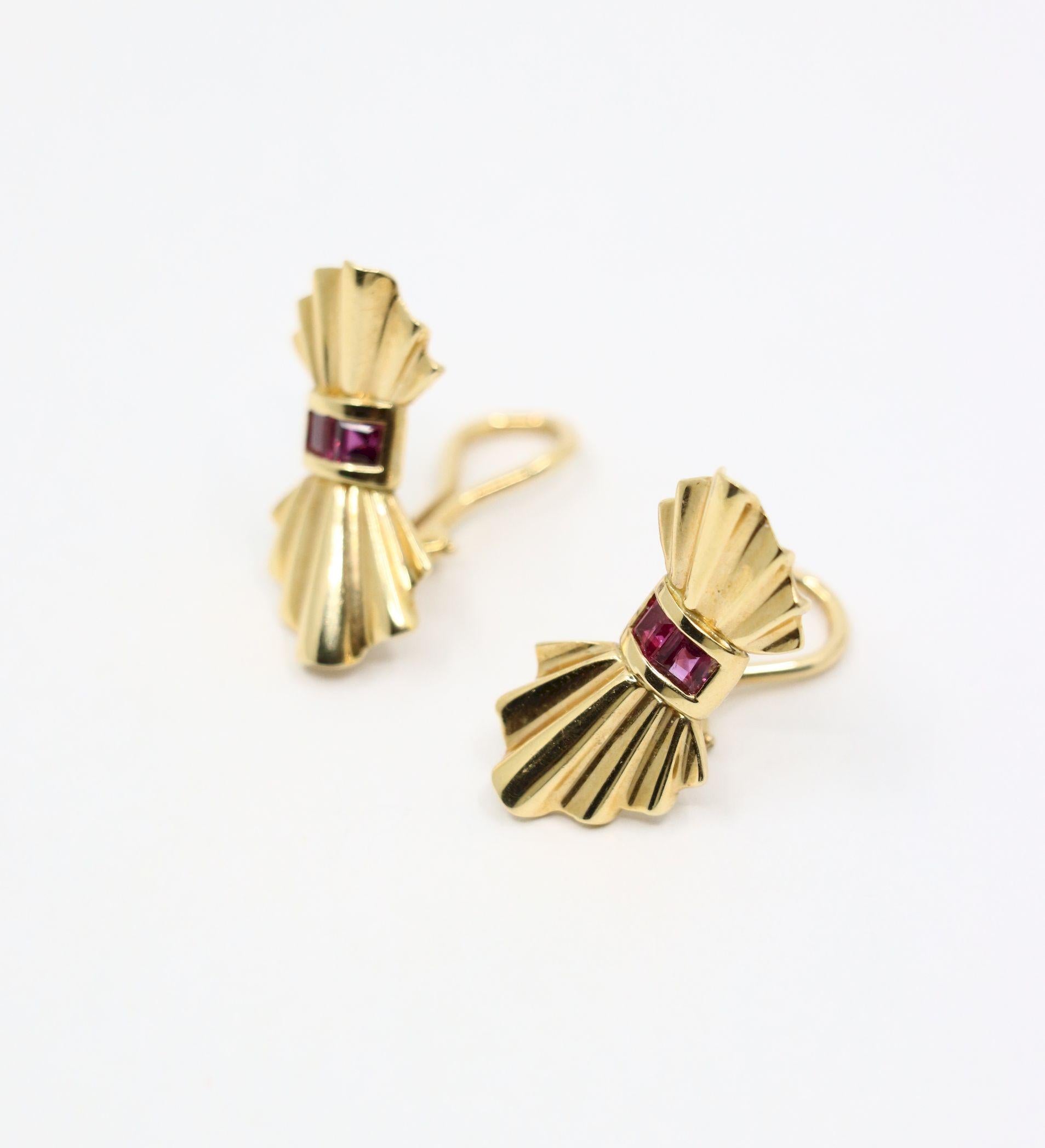 Tiffany & Co. 14K Gold Ruby Bow Clip Earrings & Brooch