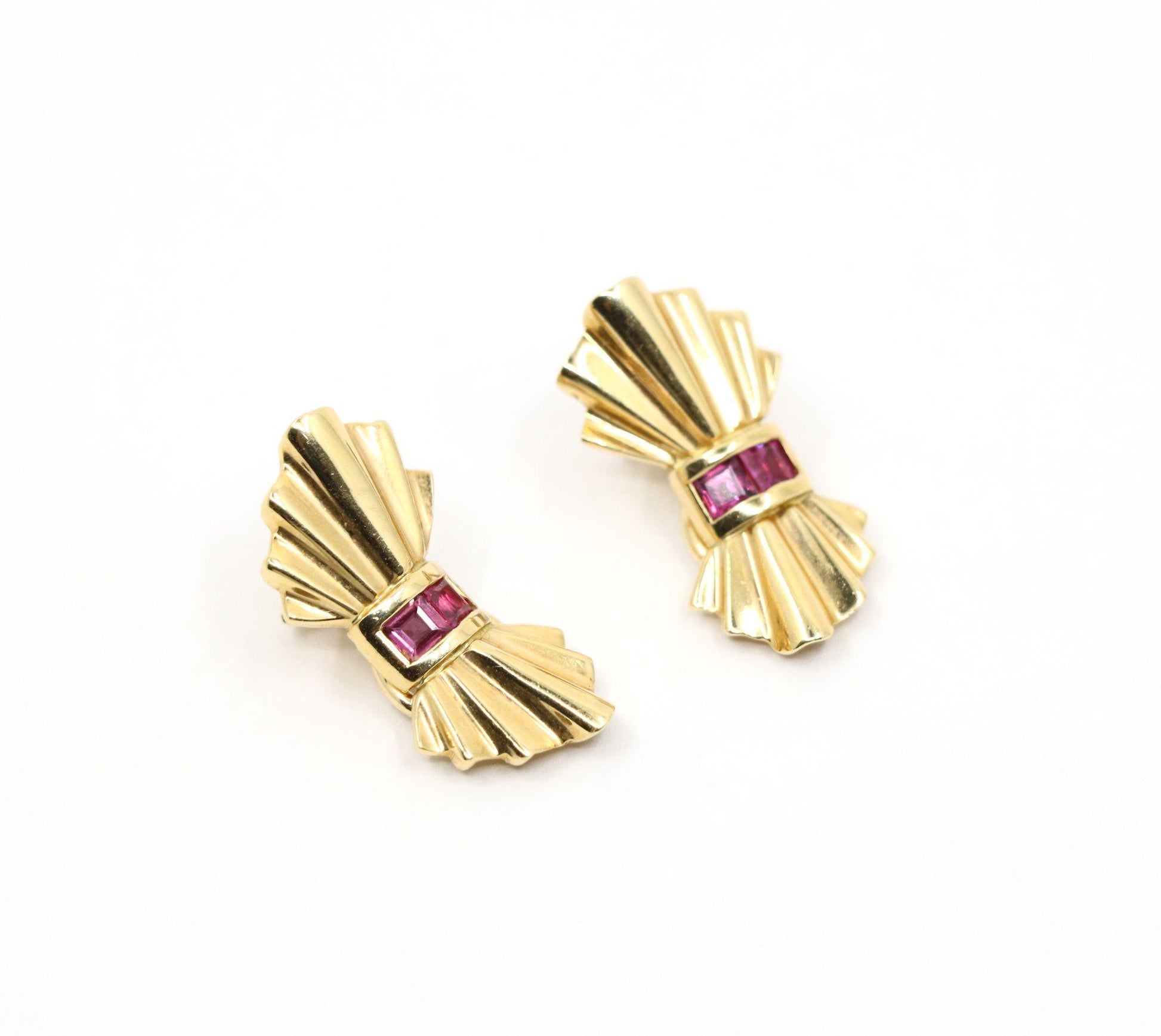 Tiffany & Co. 14K Gold Ruby Bow Clip Earrings & Brooch