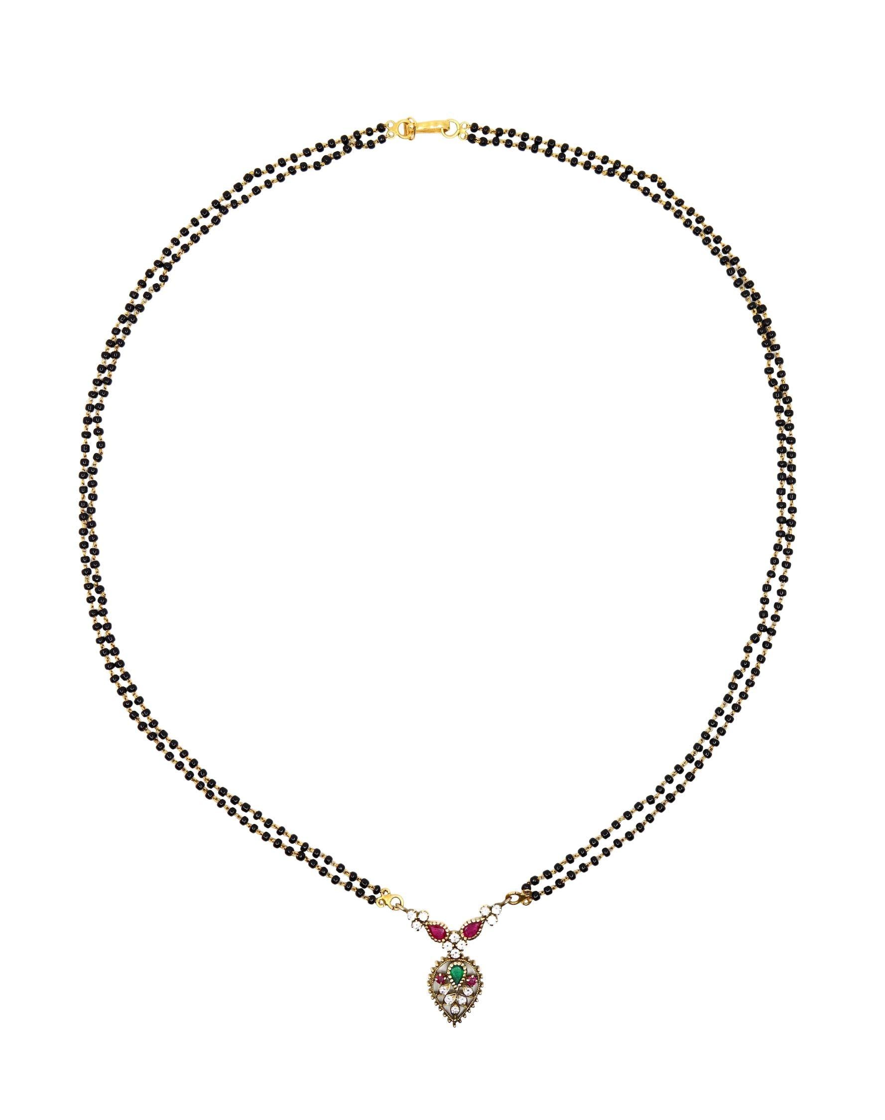 Vintage Indian Gold Diamond Ruby Emerald Onyx Beads Necklace