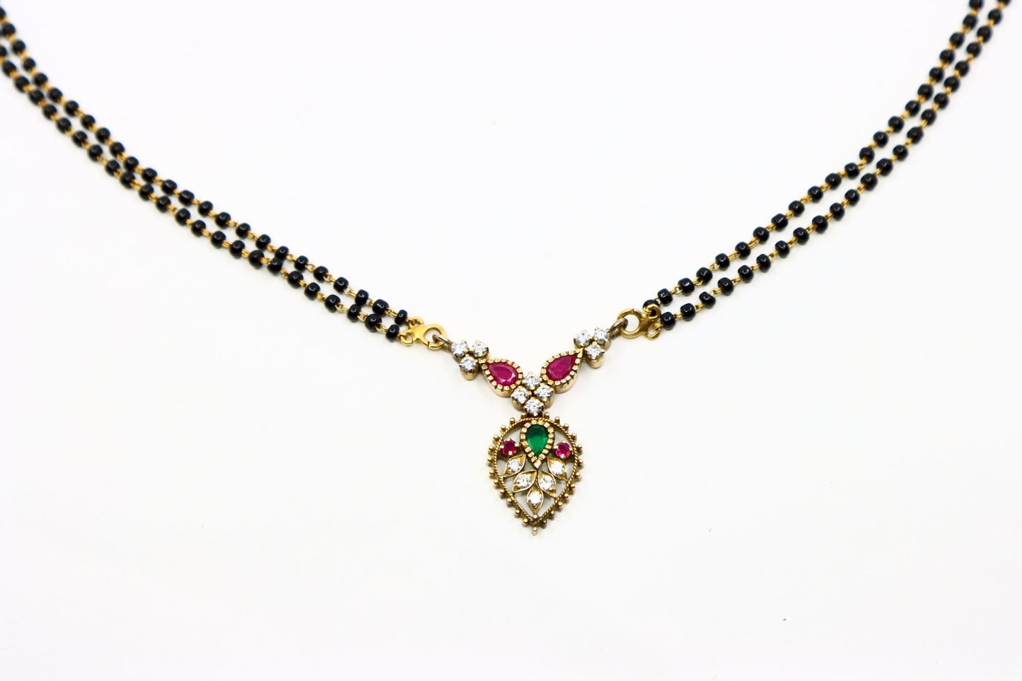 Vintage Indian Gold Diamond Ruby Emerald Onyx Beads Necklace